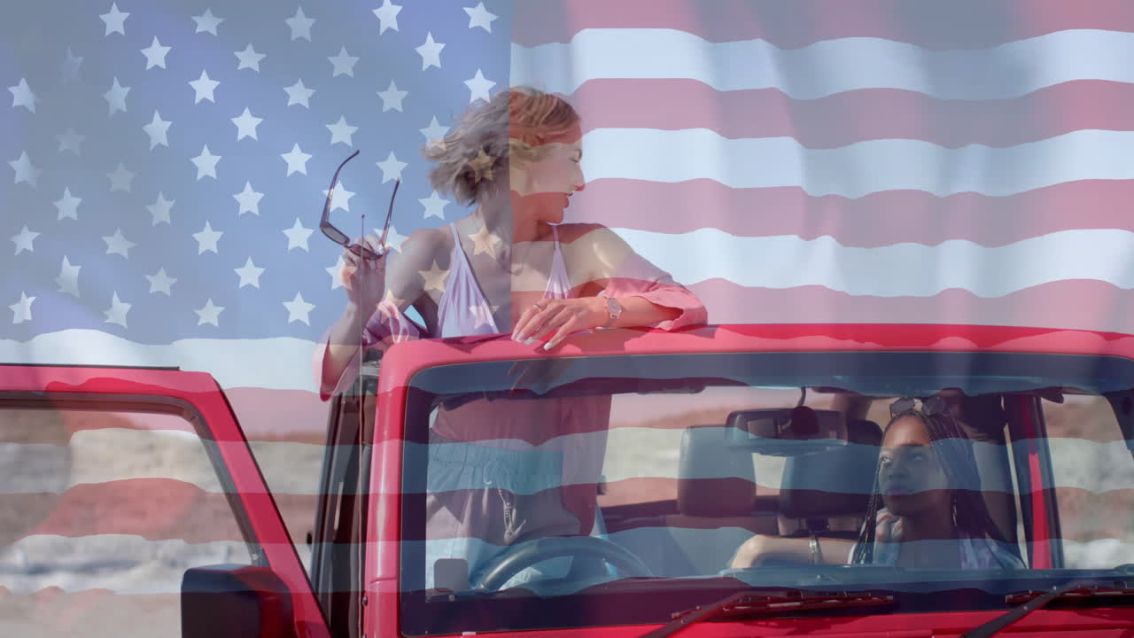 animación de la bandera de los estados unidos sobre amigas afroamericanas y caucásicas sentadas en un coche