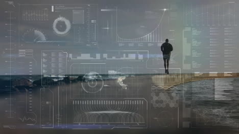 animation of afrcian american fit man running and data processing