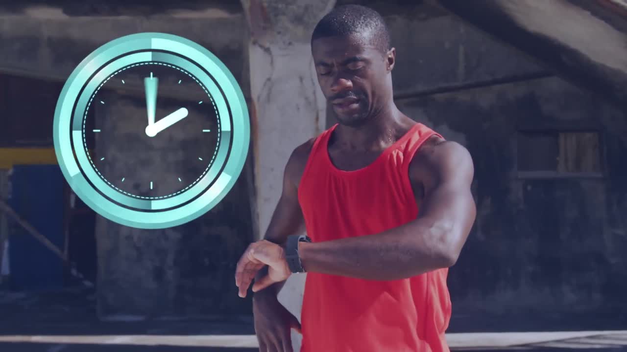 Animation of clock over running african american man using smartwatch