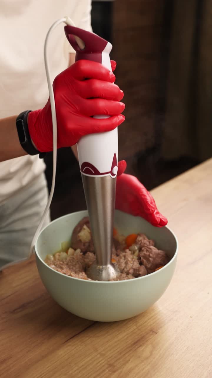 mujer preparando comida para perros con una licuadora de mano