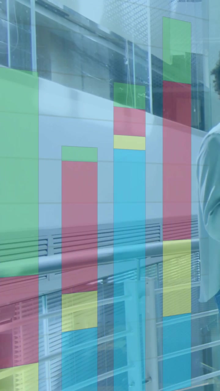 Vertical video: Data spark driving bars overlay, woman leaning on railing exposing atrium for tech