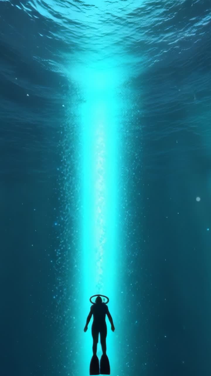 Vertical video: Kicking fins scuba diver ascending from ocean toward sunlit surface, with helmet