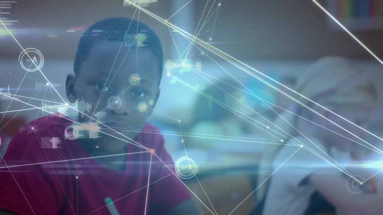 Animation af netværk af forbindelser over en skoledreng, der skriver
