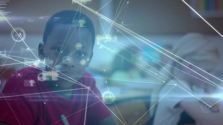Animation of network of connections over schoolboy writing