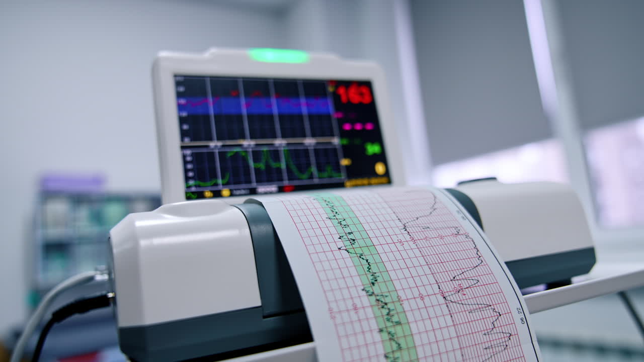 Machine for electronic cardiogram printing paper report. Close up. Heart examination for the pregnant woman.