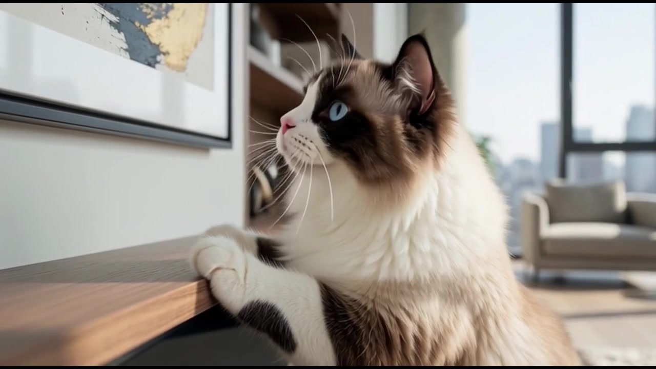 Gatto Ragdoll che cammina ed esplora un moderno appartamento di lusso