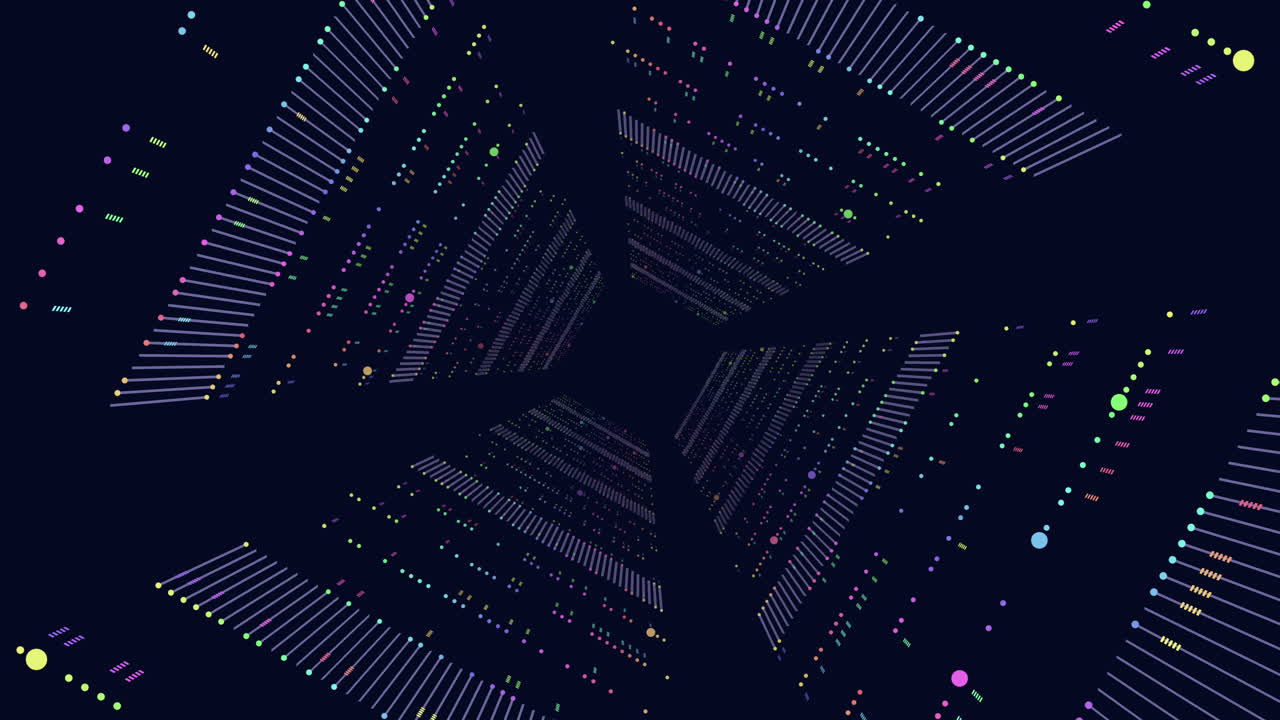 Futuristic tunnel in galaxy from dots and lines in squares from rainbow color