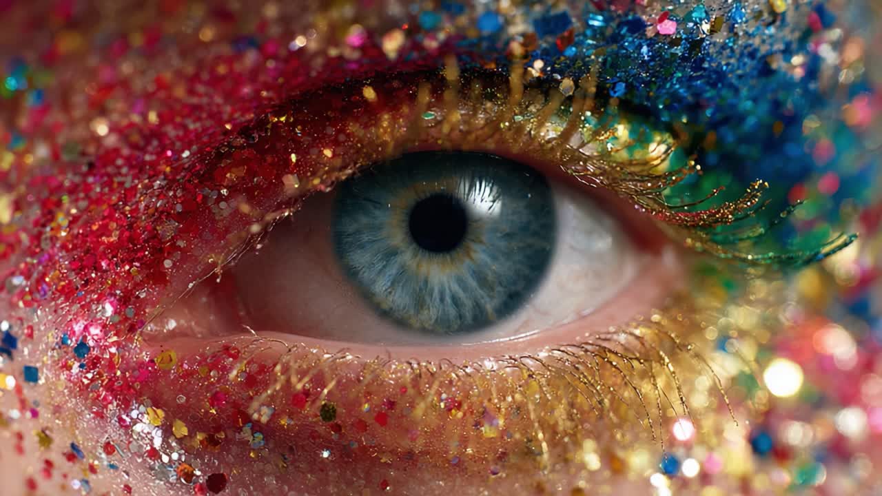 A Captivating Close-Up of a Beautiful Eye Adorned with Vibrant Colors and Sparkling Glitter, Showcasing Intricate Details and Artistic Creativity