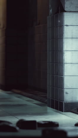 a dark alley with a tiled wall and a concrete floor