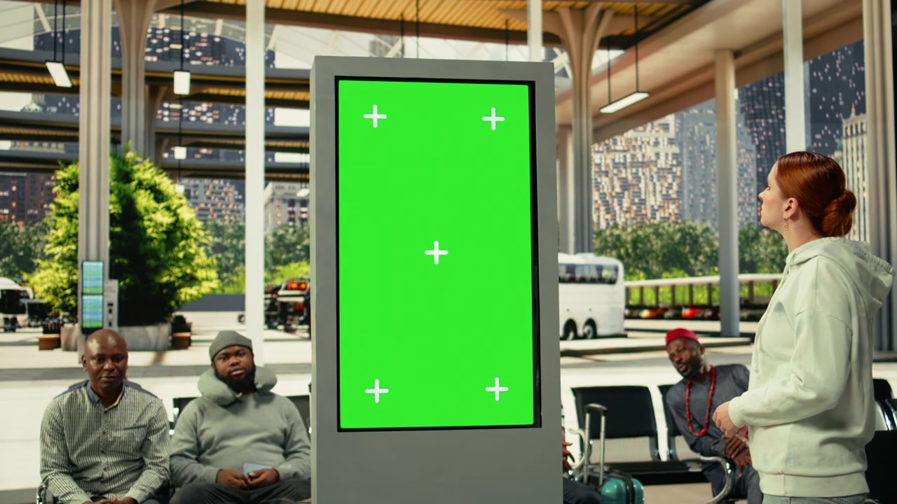 Isoleret mockup i en overfyldt busterminal, der viser pendlere, som venter på transport