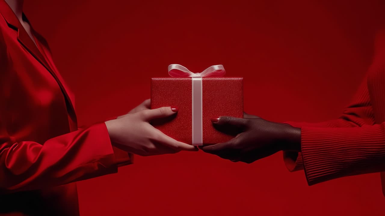 Uno scambio elegante: due mani che consegnano un regalo rosso splendidamente incartato su uno sfondo rosso intenso, simboleggiando celebrazione e connessione