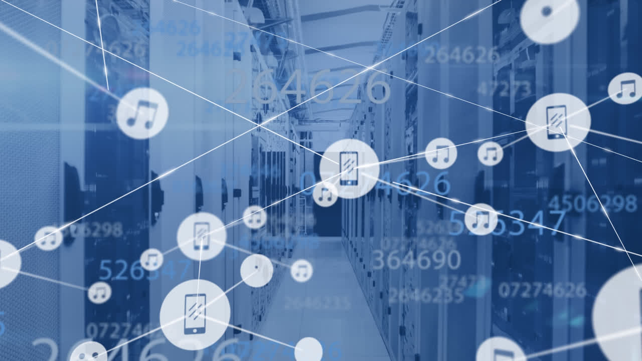 animación de la red de conexiones con iconos sobre la sala del servidor