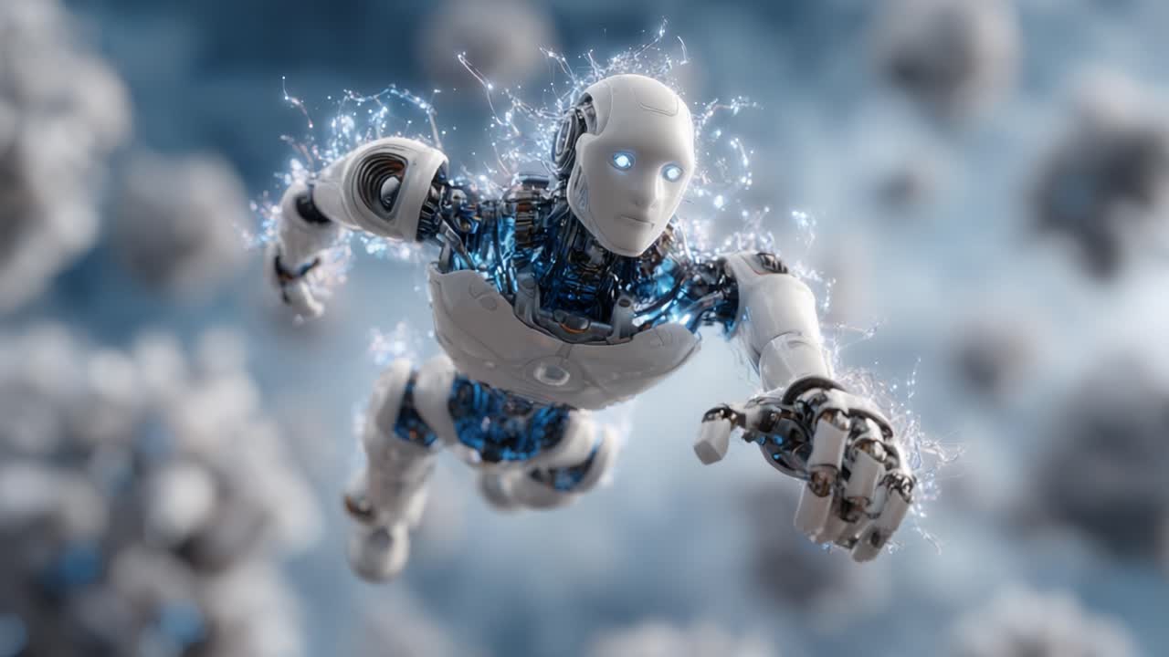 Futuristic Robot with Glowing Features and Energy Sparks Soaring Through a Digital Environment, Representing the Intersection of Technology and Innovation