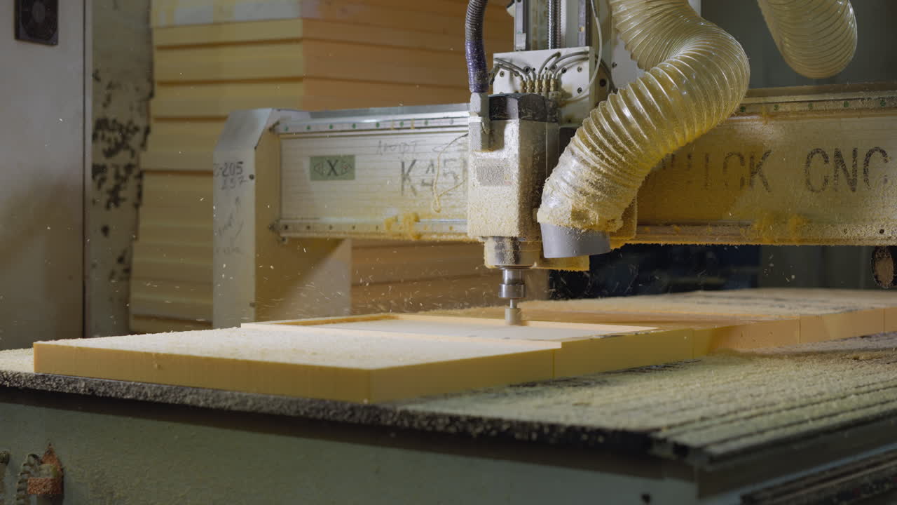 espuma de fresado cnc, primer plano del eje y la broca con sistema de extracción de polvo