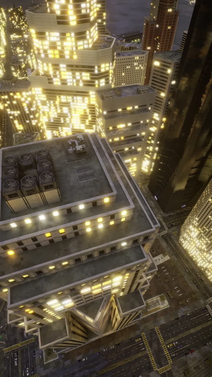 Stunning aerial view of a vibrant cityscape shimmering at night