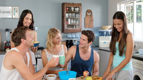 smiling friends having breakfast