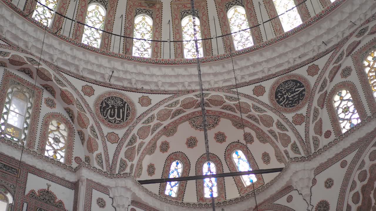 Interior of a Mosque Dome with Intricate Design and Stained Glass Windows