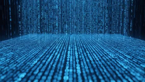 futuristic digital landscape featuring continuous falling binary code representing data flow and information processing in a virtual environment