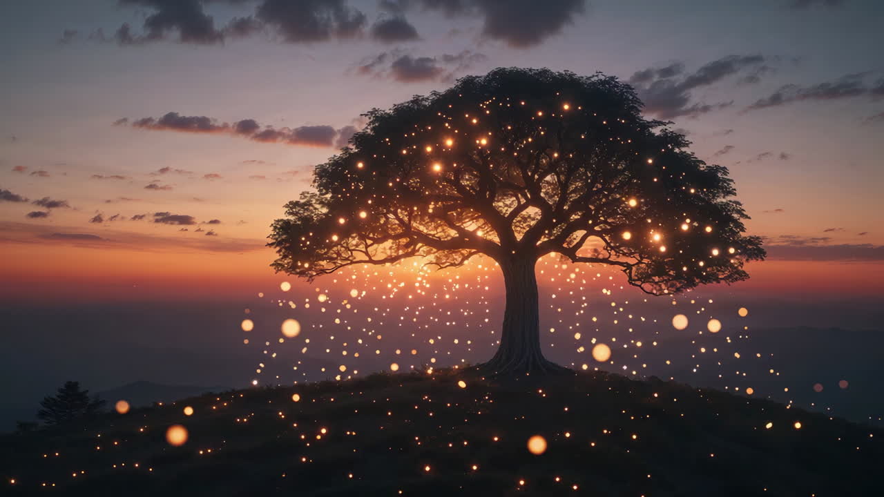 A mystical tree with glowing lights at sunset