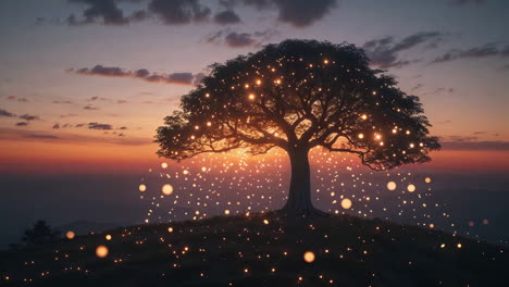 a mystical tree with glowing lights at sunset