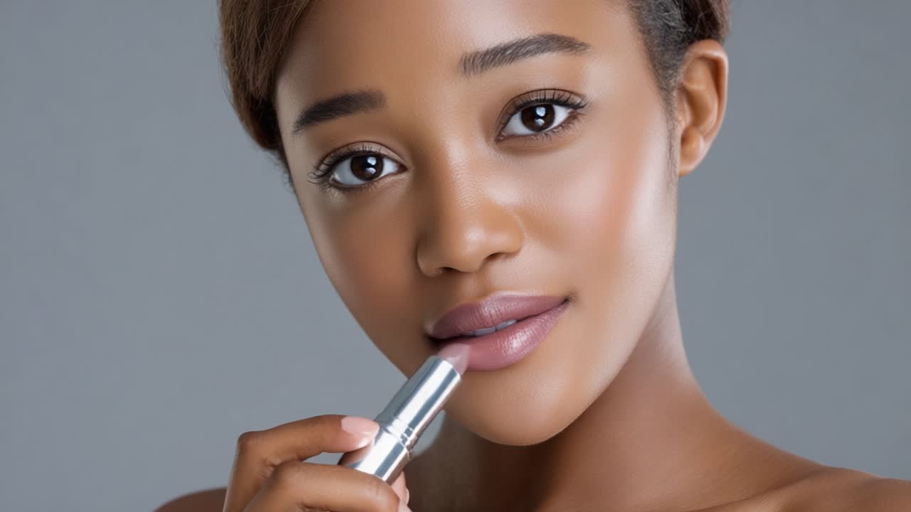 Beauty and Confidence: A Close-Up of a Young Woman Applying Lipstick Smoothly with a Subtle Smile, Showcasing a Flawless Complexion and Elegant Style