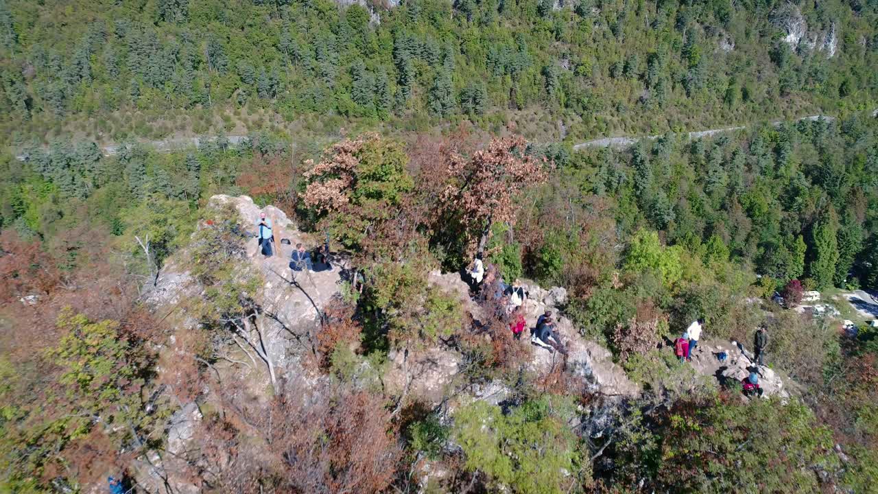 Aerial view of tourists and hikers at the hills surrounding Lake Bled, Slovenia