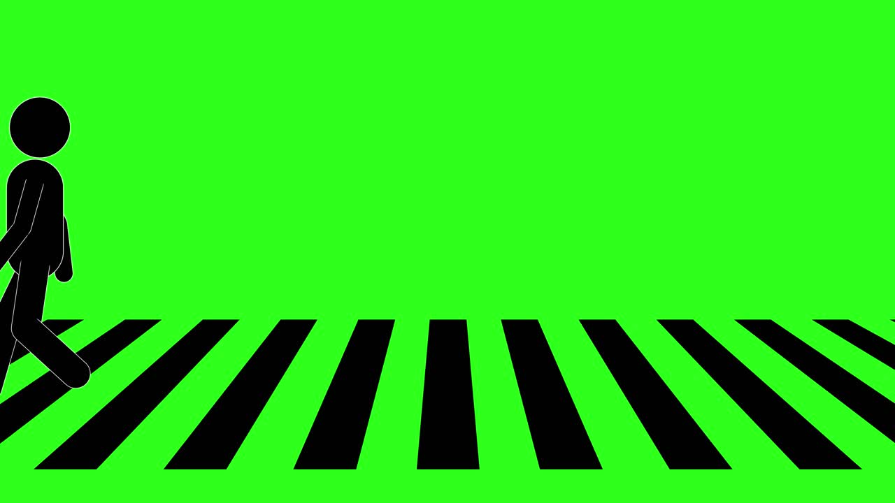 Minimalist stick figures walk across striped crosswalk on bright green chroma background loop