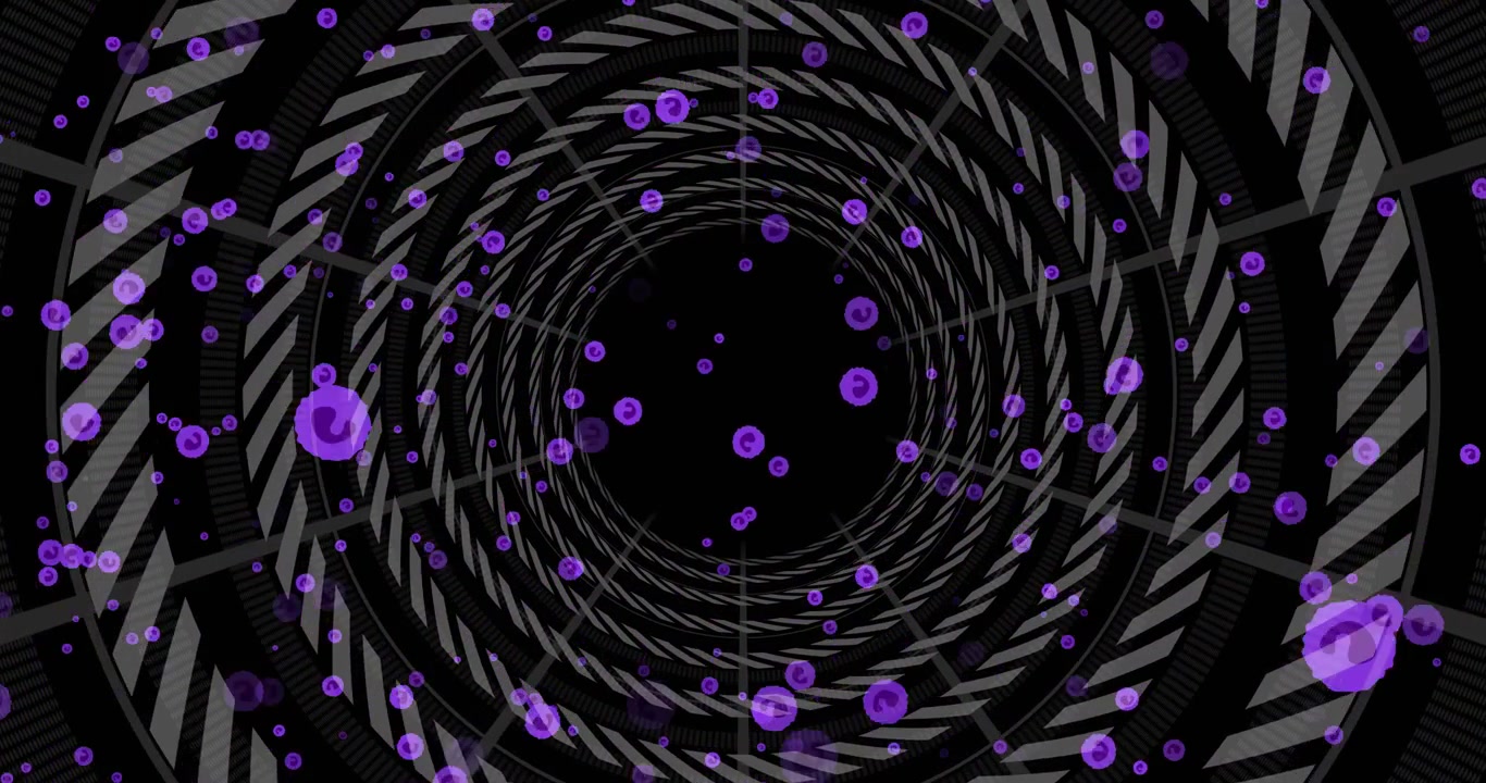 After initial pause striped walls rotating while purple orbs drifting inward forming tunnel loop