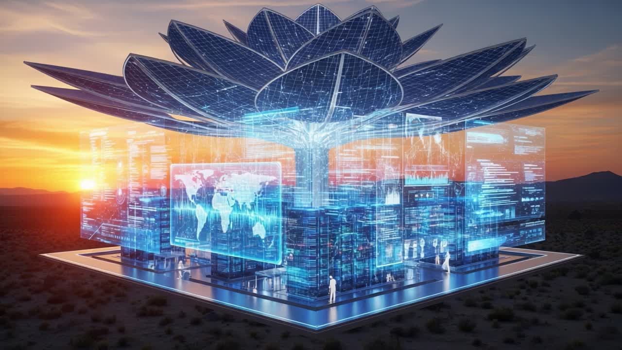 Futuristic Solar Structure: A High-Tech Hub of Innovation with a Flower-Inspired Design Showcasing Digital Data and Global Connectivity Against a Sunset Backdrop