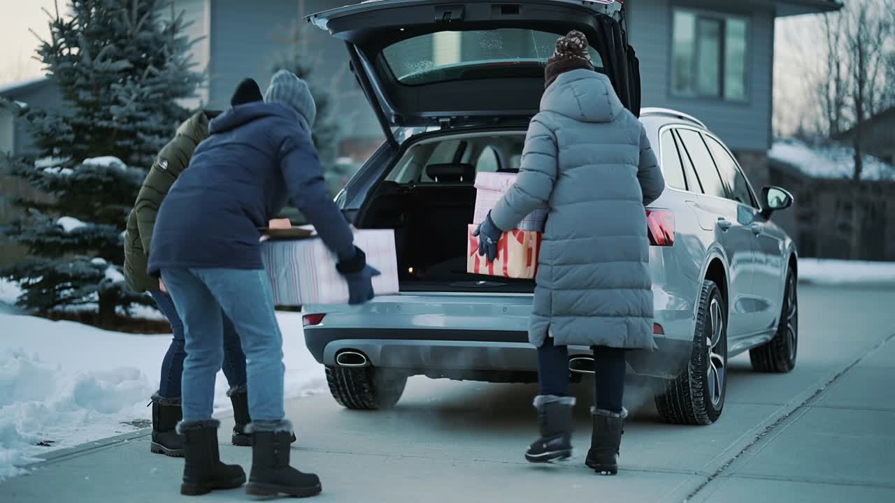 Loading gift boxes by three adults after rear hatch opening on snowy driveway, with silver SUV