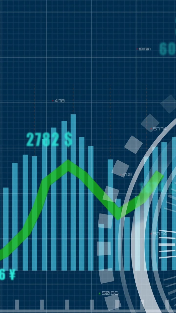 Animazione di ticchettio di orologio su elaborazione dati statistici su sfondo blu.