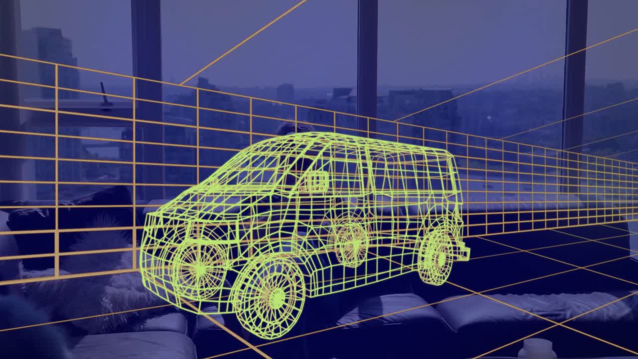 집에서 vr 헤드 ⁇ 을 착용한 밴의 3d 기술 도면의 애니메이션