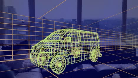 Animation-of-3d-technical-drawing-of-van,-over-man-at-home-wearing-vr-headset