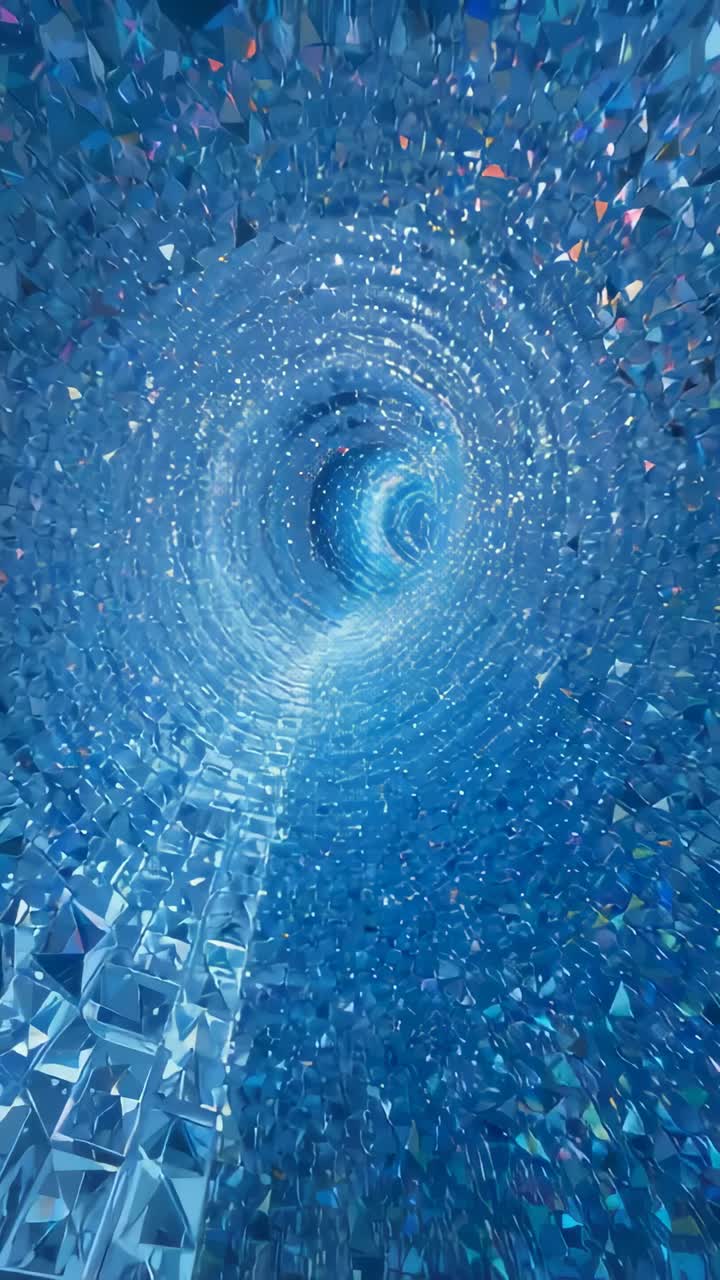 Vertical video: Starting near wall, camera gliding into bright aperture through blue crystal facets