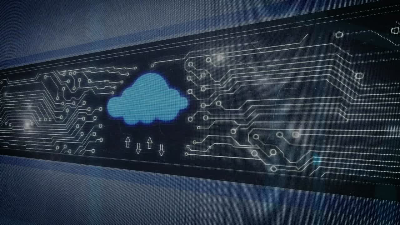 animación de nube digital con flechas móviles con patrones de tabla de circuitos electrónicos