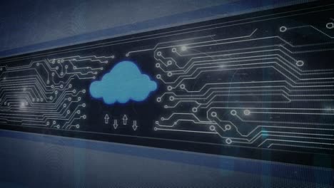 animazione di nuvola digitale con frecce in movimento con modelli di schede di circuiti elettronici