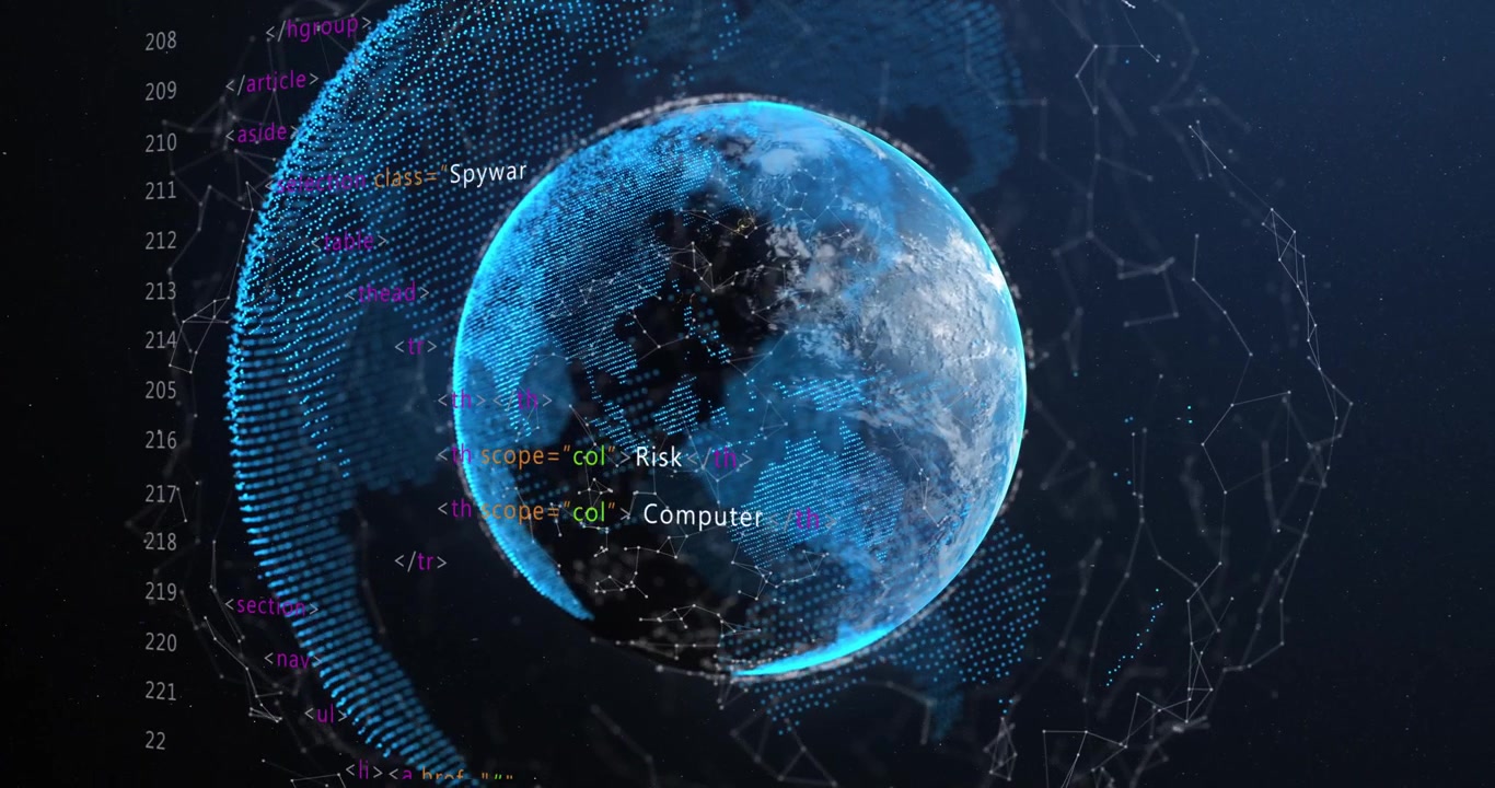 Video verticale: alone che sale, globo che ruota al centro mentre il codice sposta i nodi formando e mostrando tag cyber.
