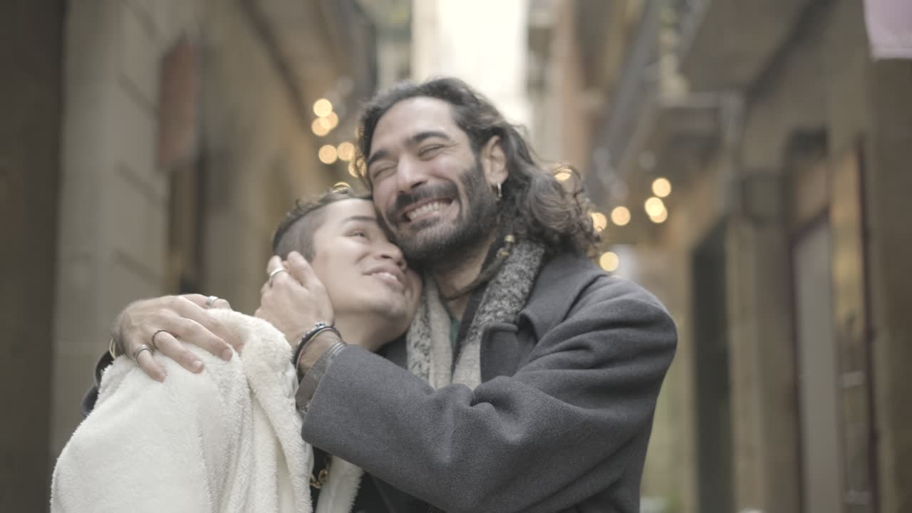 Two men walking together in the city