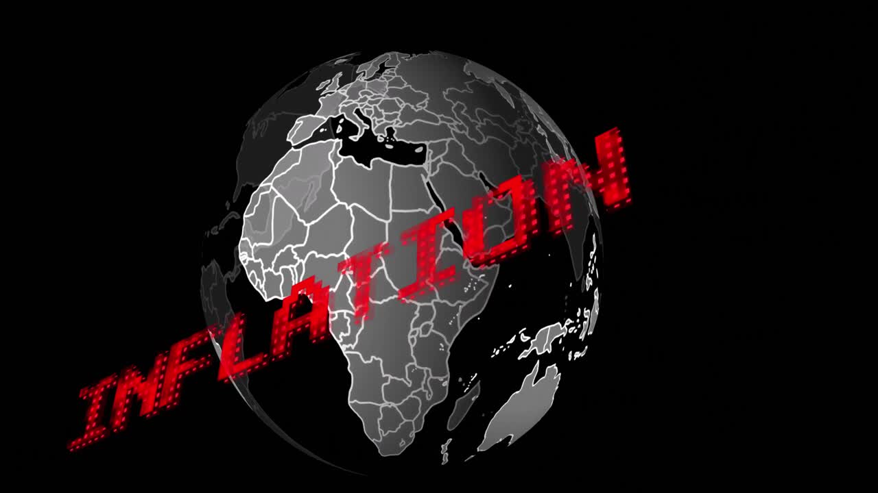 animación del texto de inflación en rojo sobre un globo giratorio sobre fondo negro