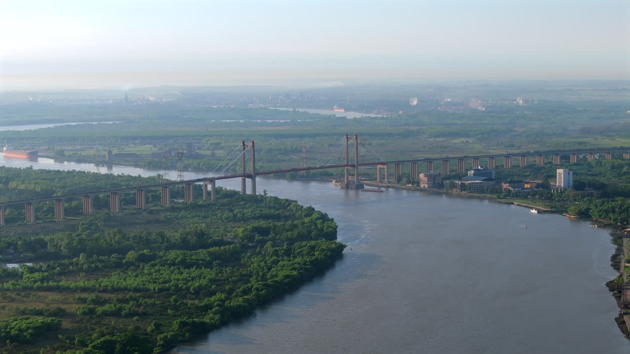 Aerial view of Zárate Brazo Largo Bridge over Paraná River, Argentina