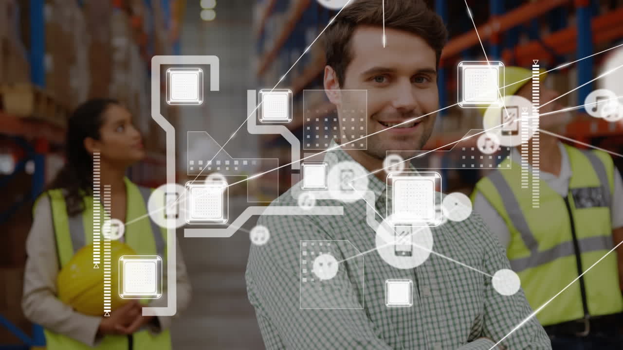 animación de líneas en movimiento alrededor de cubos, iconos conectados, hombre de negocios caucásico de pie en el almacén