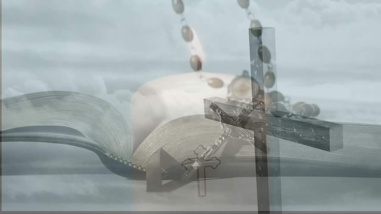 open book pages fanning out over cloudy sky, rosary beads draping upright cross in flat design