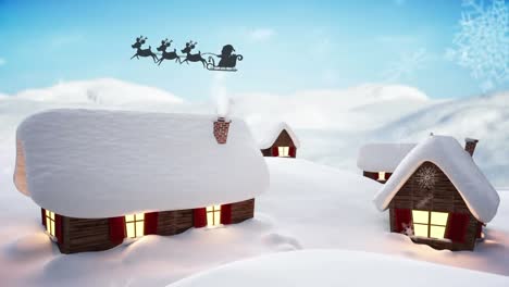Snowflakes-falling-on-santa-claus-in-sleigh-being-pulled-by-reindeers-over-winter-landscape