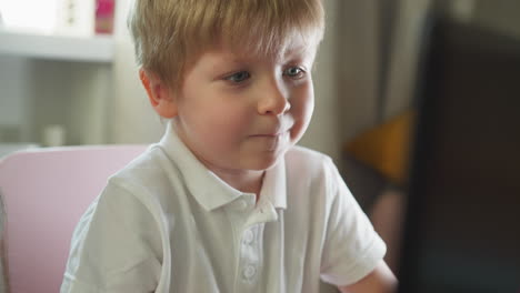 cute toddler boy looking at laptop screen with interest