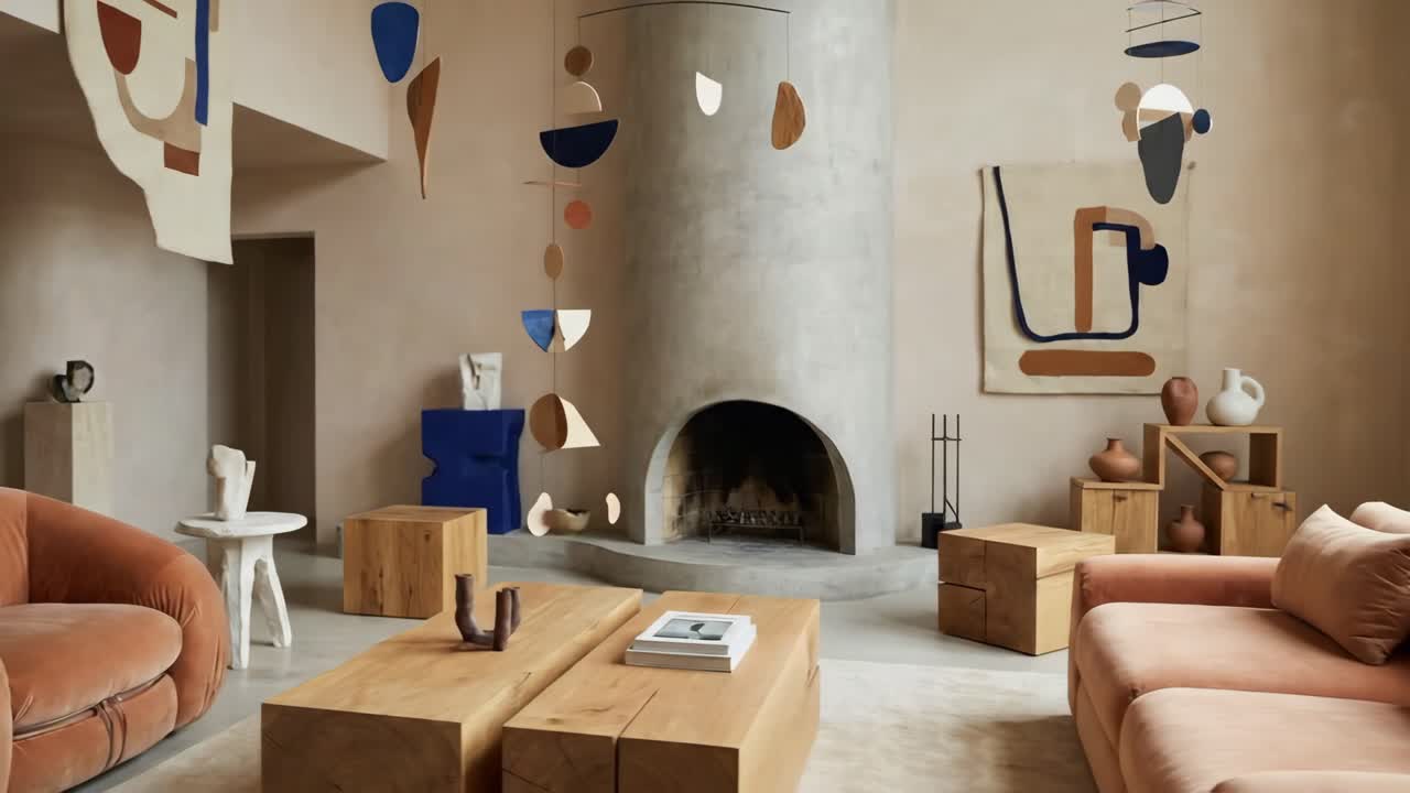 Interni di soggiorno moderno e sereno con scultura astratta e camino