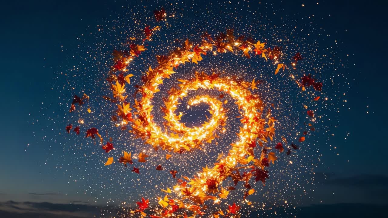A mesmerizing display of swirling autumn leaves intertwined with radiant sparks, creating a stunning visual spectacle that captures the essence of seasonal beauty and wonder