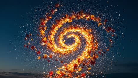 a mesmerizing display of swirling autumn leaves intertwined with radiant sparks, creating a stunning visual spectacle that captures the essence of seasonal beauty and wonder