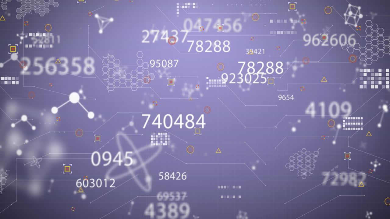 Animation of financial data processing and molecules on grey background
