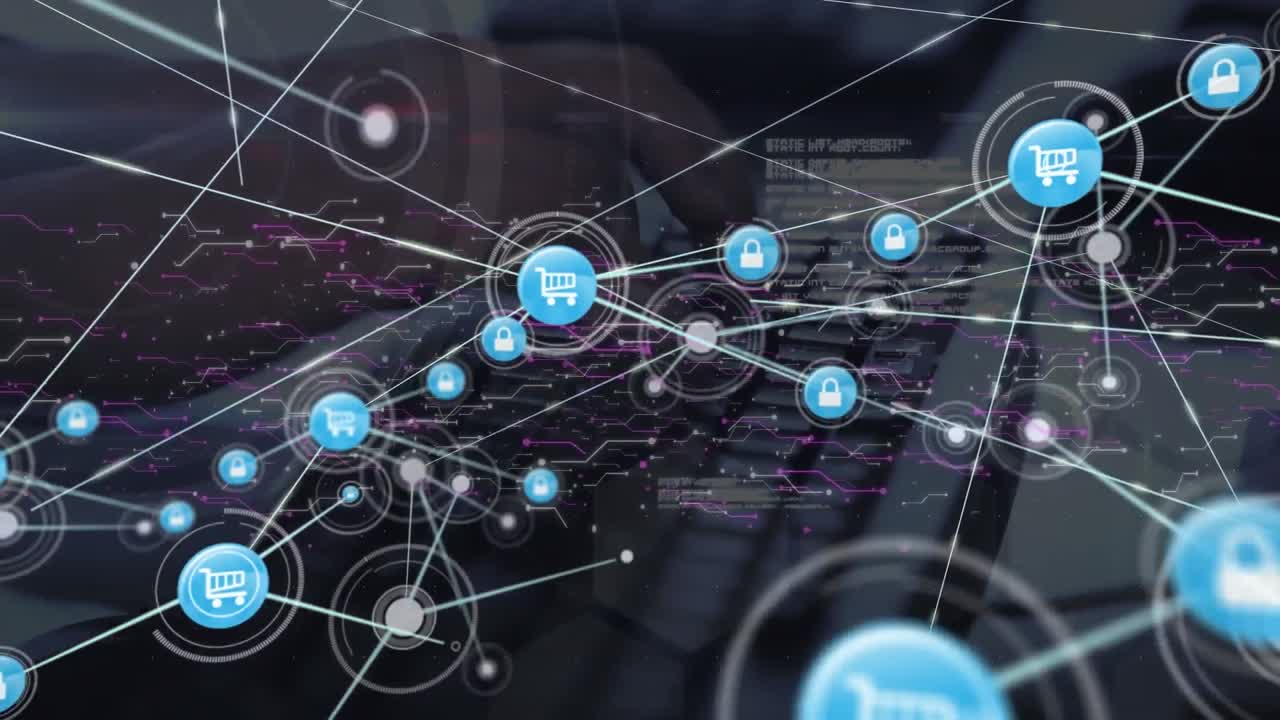 animación de la red de conexiones con iconos y procesamiento de datos sobre las manos escribiendo en el teclado