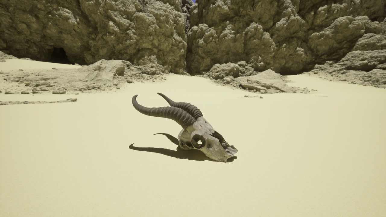 Animal skull lies on sandy ground in a rocky desert landscape